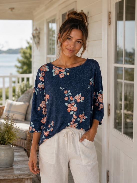 St. John's Bay Tops - St. John's Bay Navy Floral Boatneck Tunic